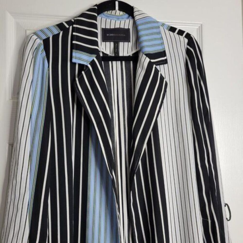 BCBGMAXAZRIA Shirt Jacket Small Black Blue Stripe Trech Belt Pockets Lightweight - Picture 3 of 11